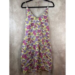 Y2K Old Navy Sundress Women 14 Purple Floral Linen Blend V-Neck Mini Tie Back